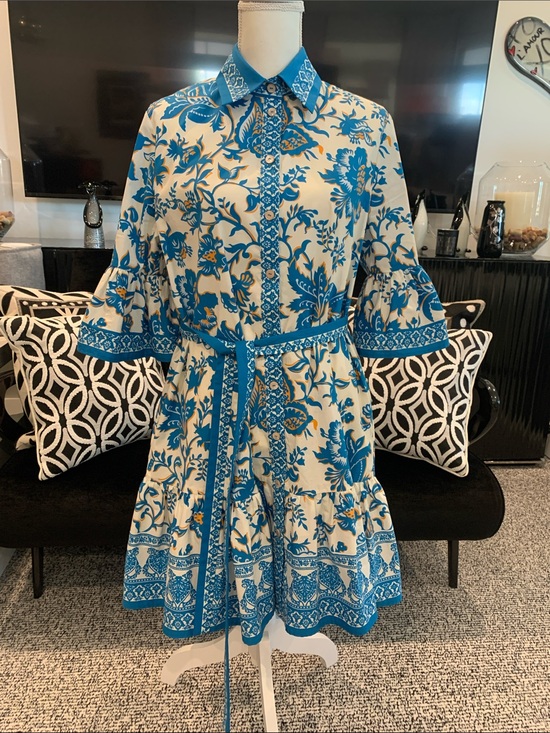 Etro Dresses & Skirts - Etro Blue and White Floral Print Dress with orange accents. Worn once. Size 44